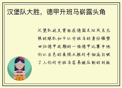 汉堡队大胜，德甲升班马崭露头角